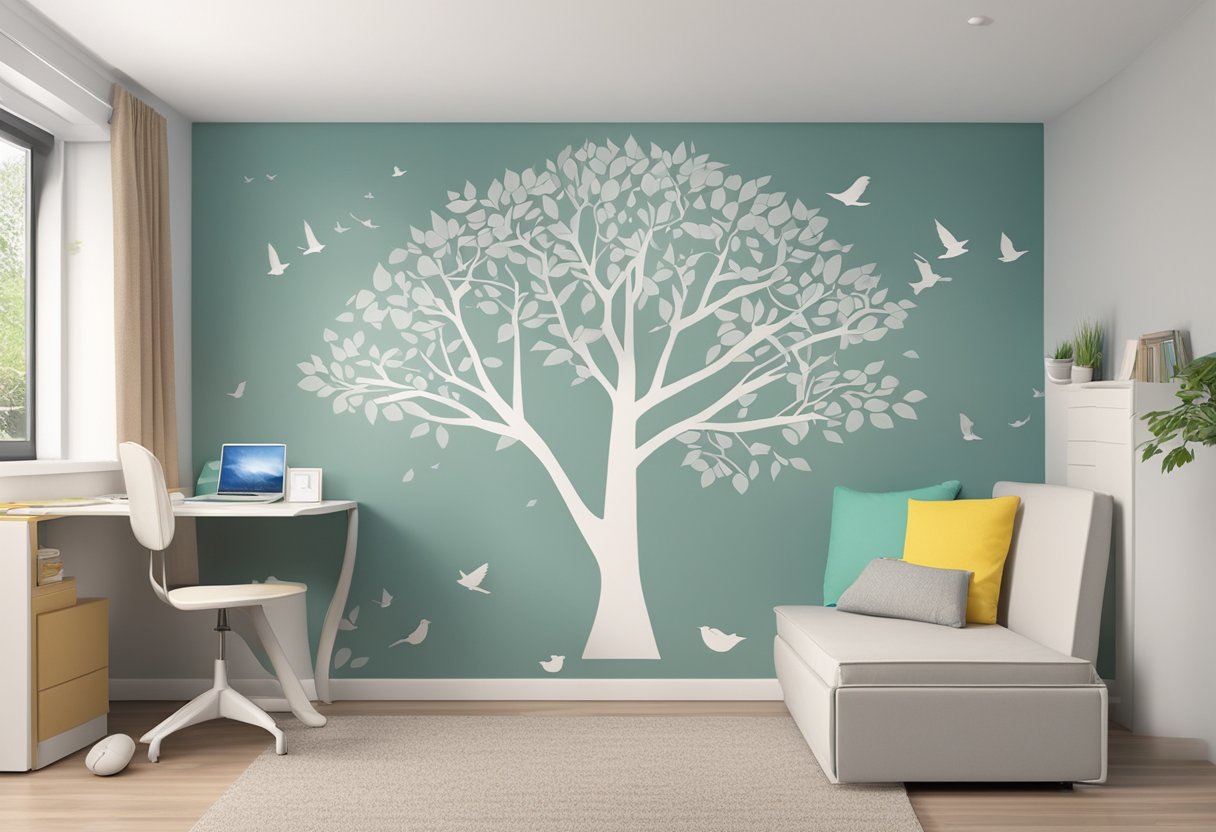A hand placing a wall sticker of a tree with birds in a bedroom. A step-by-step guide on how to install and care for the stickers is displayed nearby