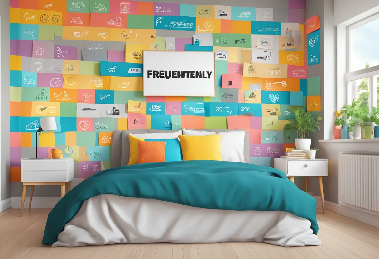 A bedroom wall adorned with colorful "Frequently Asked Questions" stickers, creating a playful and informative interior design feature