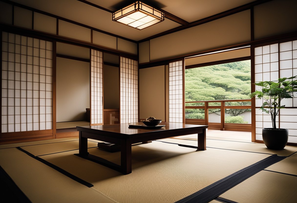 A serene Japanese bedroom with minimal furniture, sliding shoji screens, tatami mat flooring, and a tokonoma alcove for cultural display