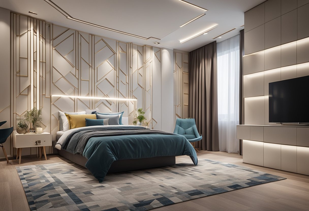 A bedroom with a modern gypsum board design, featuring clean lines and geometric patterns on the walls and ceiling