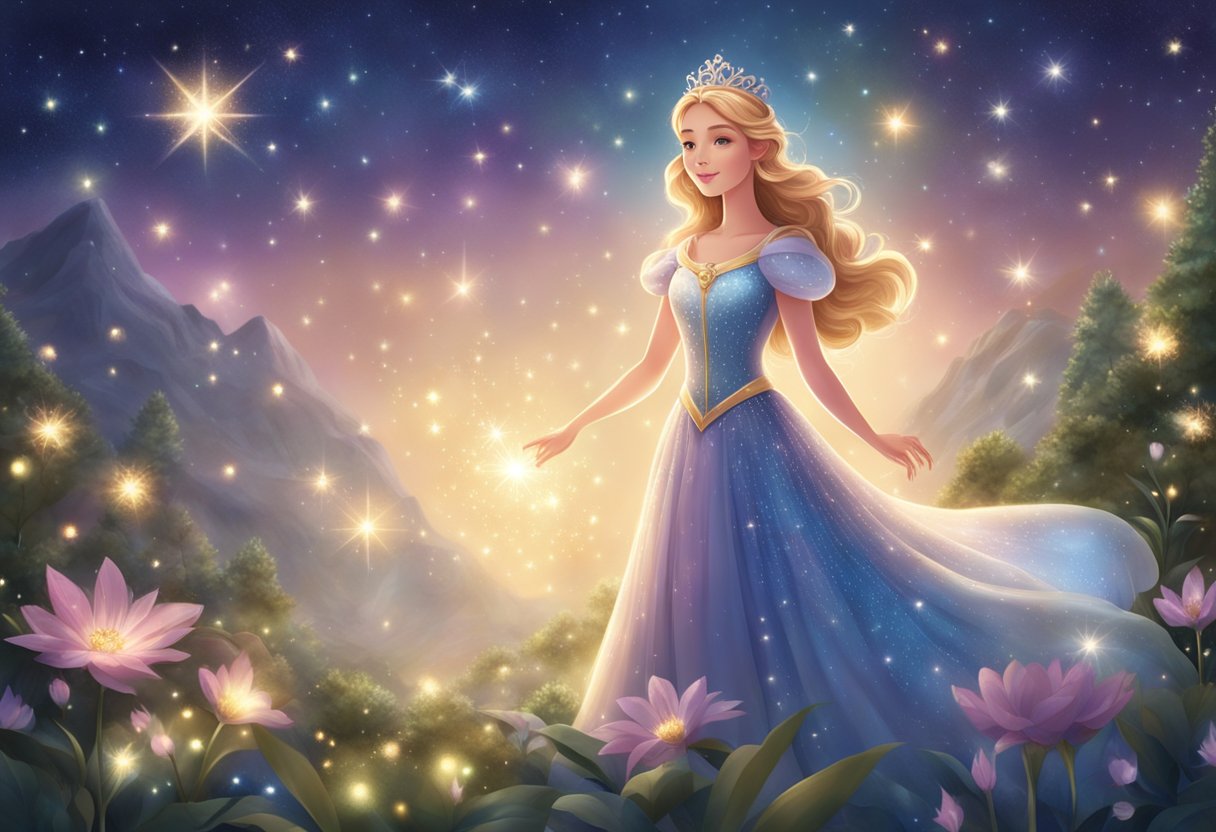 A sparkling princess stands in a celestial garden, surrounded by twinkling stars and radiant light