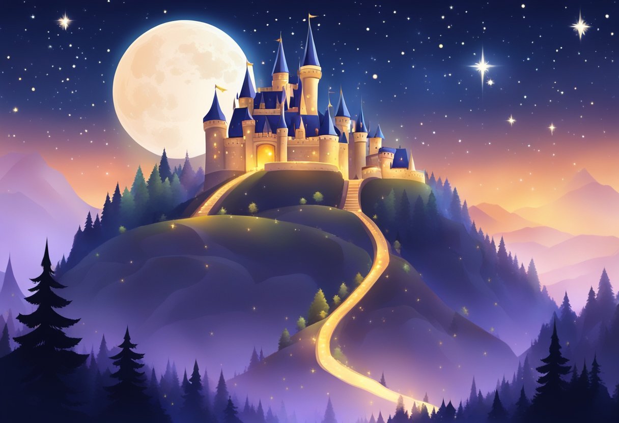 A majestic starlit castle stands atop a glowing hill, surrounded by twinkling stars and shimmering lights