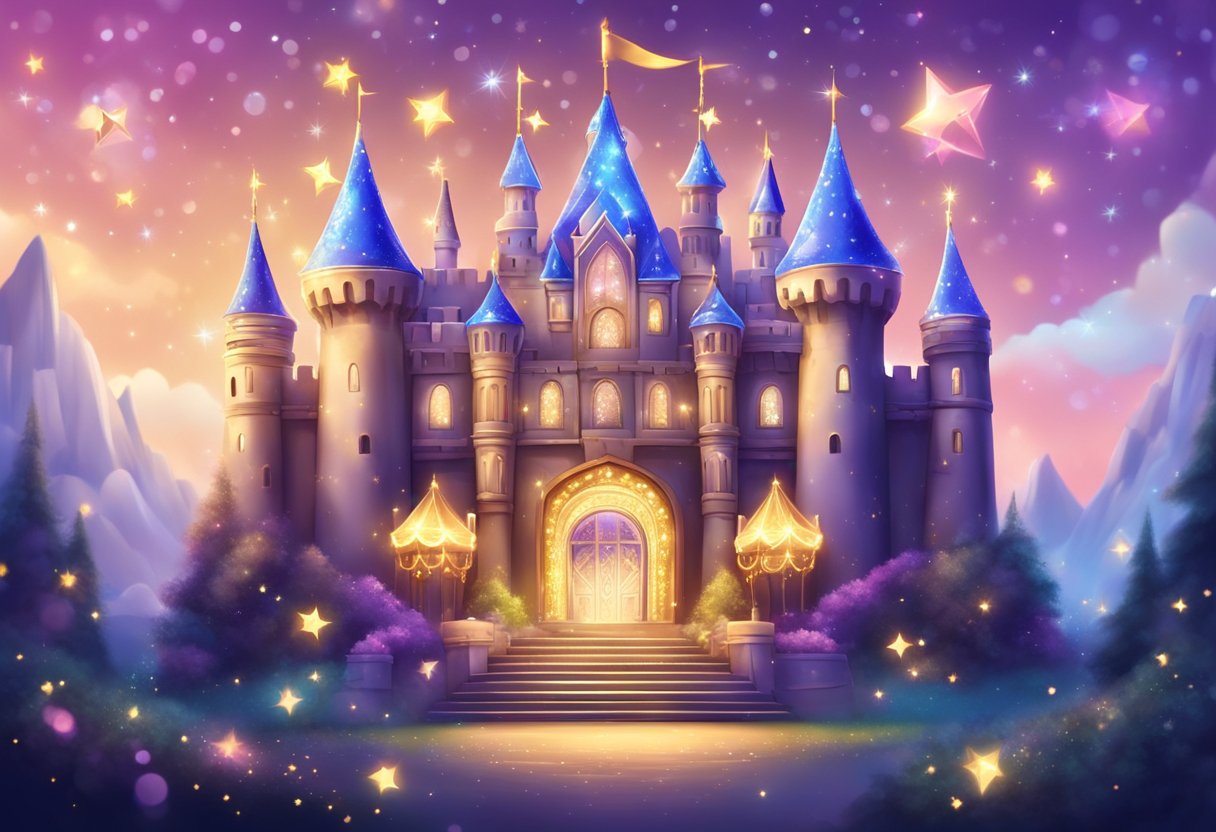 A magical castle with twinkling stars, a princess with a crown, and a glowing slot machine surrounded by sparkles and glitter