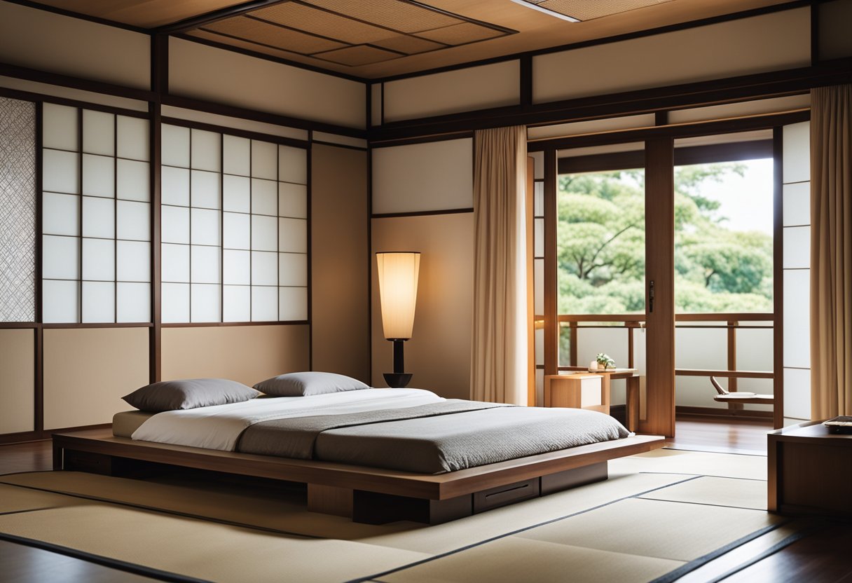 A serene Japanese bedroom with minimalist furniture, sliding shoji screens, tatami mats, and a low platform bed with neutral-colored bedding