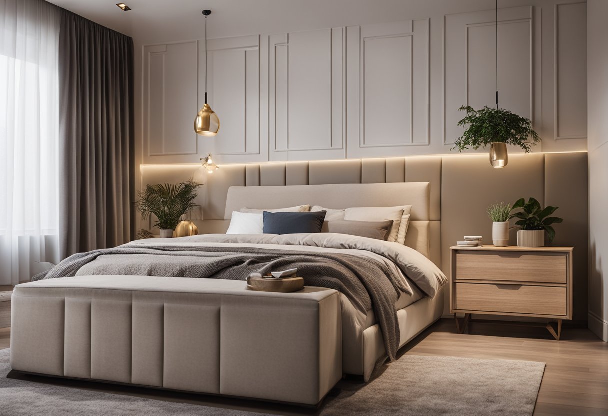 A bedroom with gypsum board walls, a bed, and a dresser. Soft lighting creates a cozy atmosphere