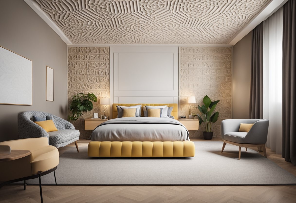 A bedroom with a creative gypsum board design installation, featuring intricate patterns and textures on the walls and ceiling