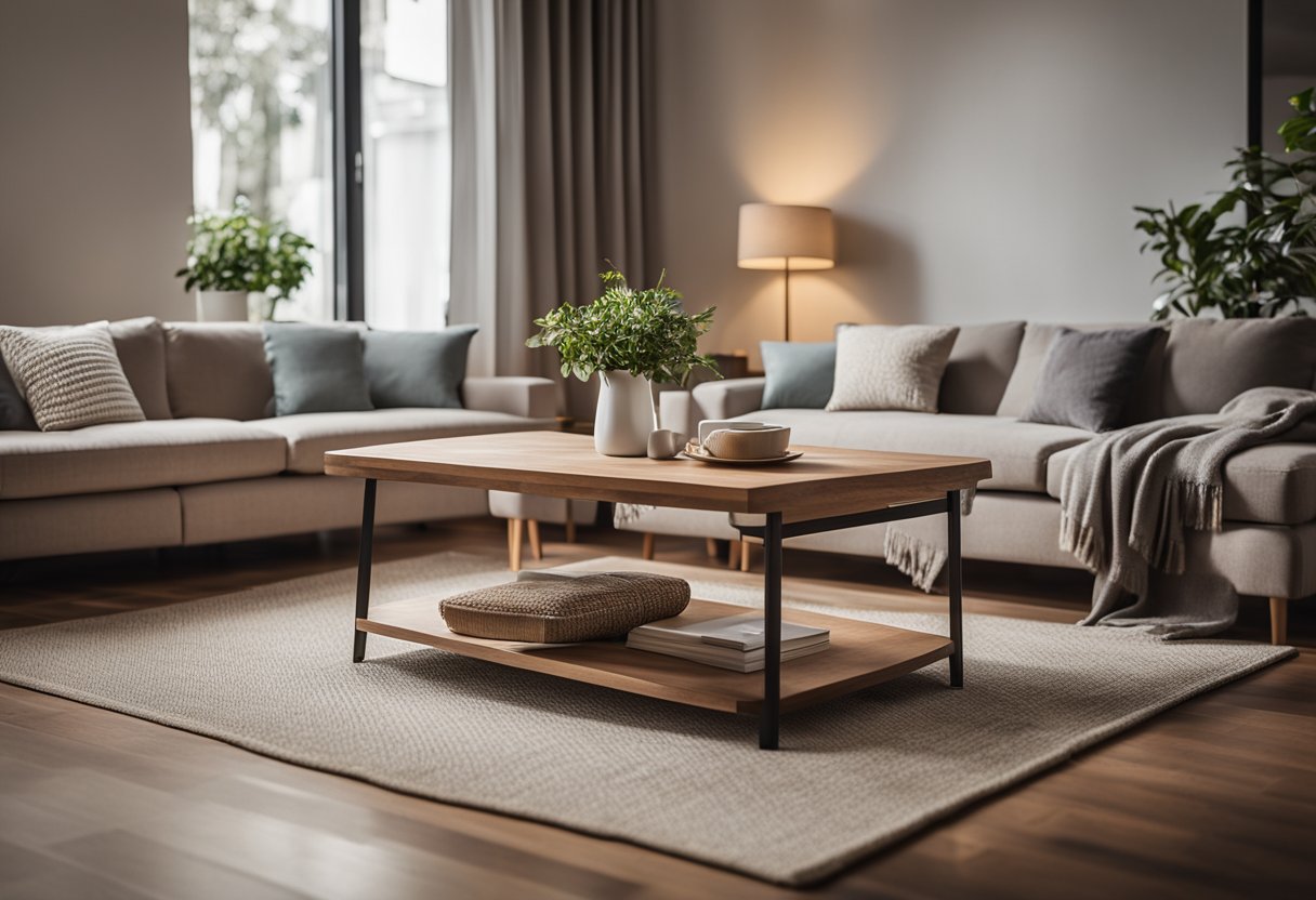 A wooden table sits in the center of a cozy living room, its sleek design complementing the warm, inviting atmosphere