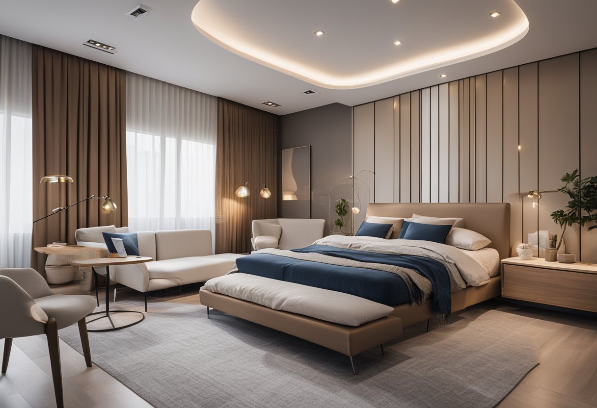 A bedroom with a gypsum board design, featuring a cozy and inviting atmosphere, with soft lighting and modern furniture