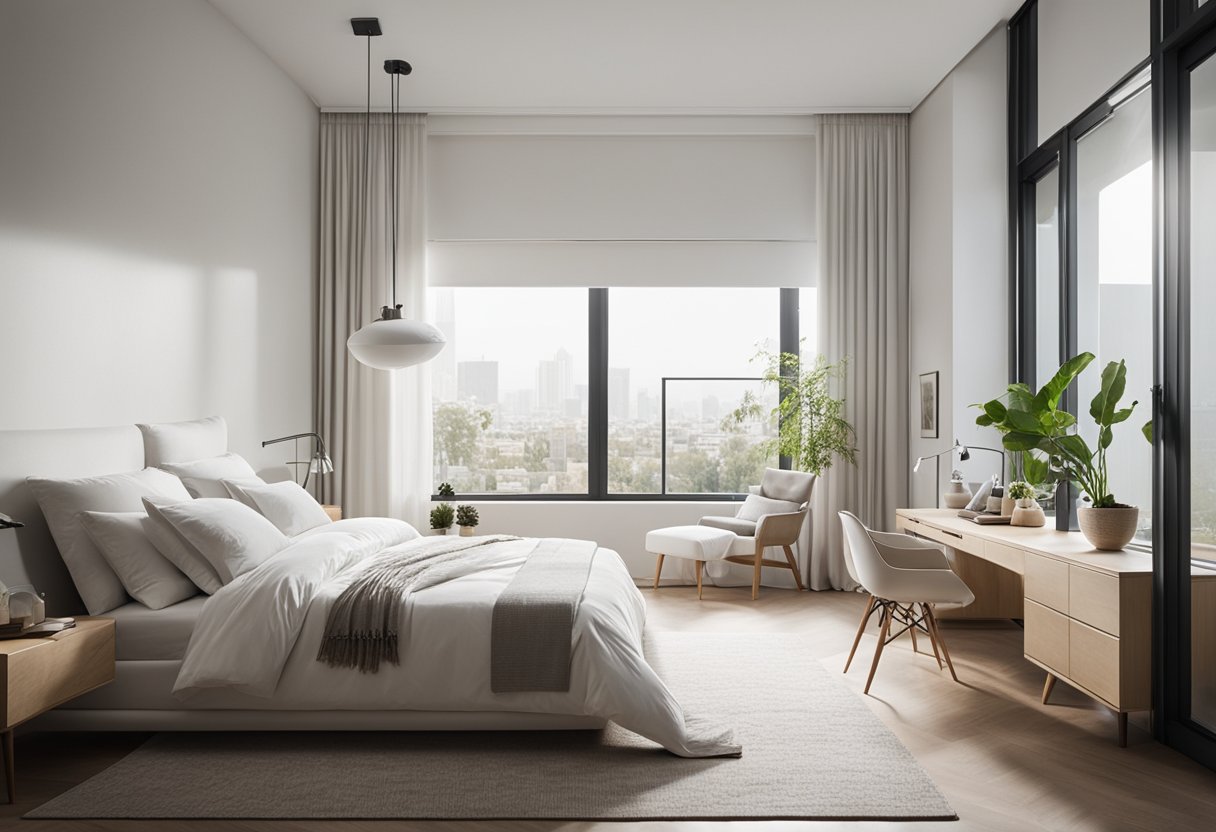 A white bedroom with minimal furniture, clean lines, and natural light streaming in through large windows