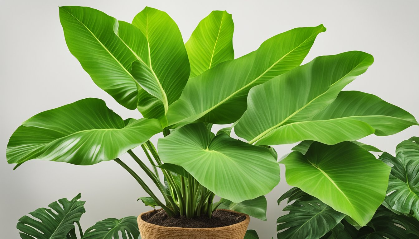 A lush green musa basjoo plant with large, paddle-shaped leaves, standing tall in a tropical garden