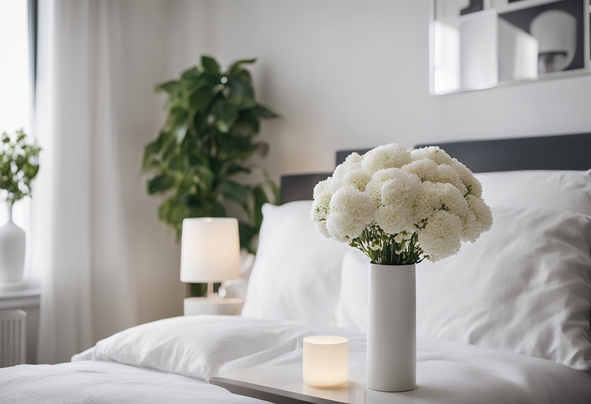 A white bedroom with a fluffy white duvet, matching throw pillows, a sleek white nightstand with a modern lamp, and a vase of fresh flowers