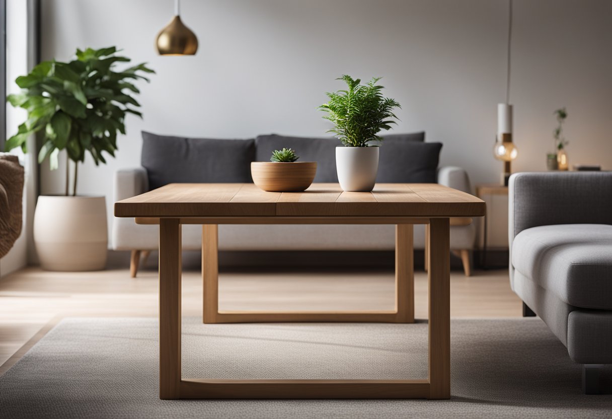 A wooden table sits in a modern living room, complementing the sleek design. Decorative items and plants add warmth and character to the space