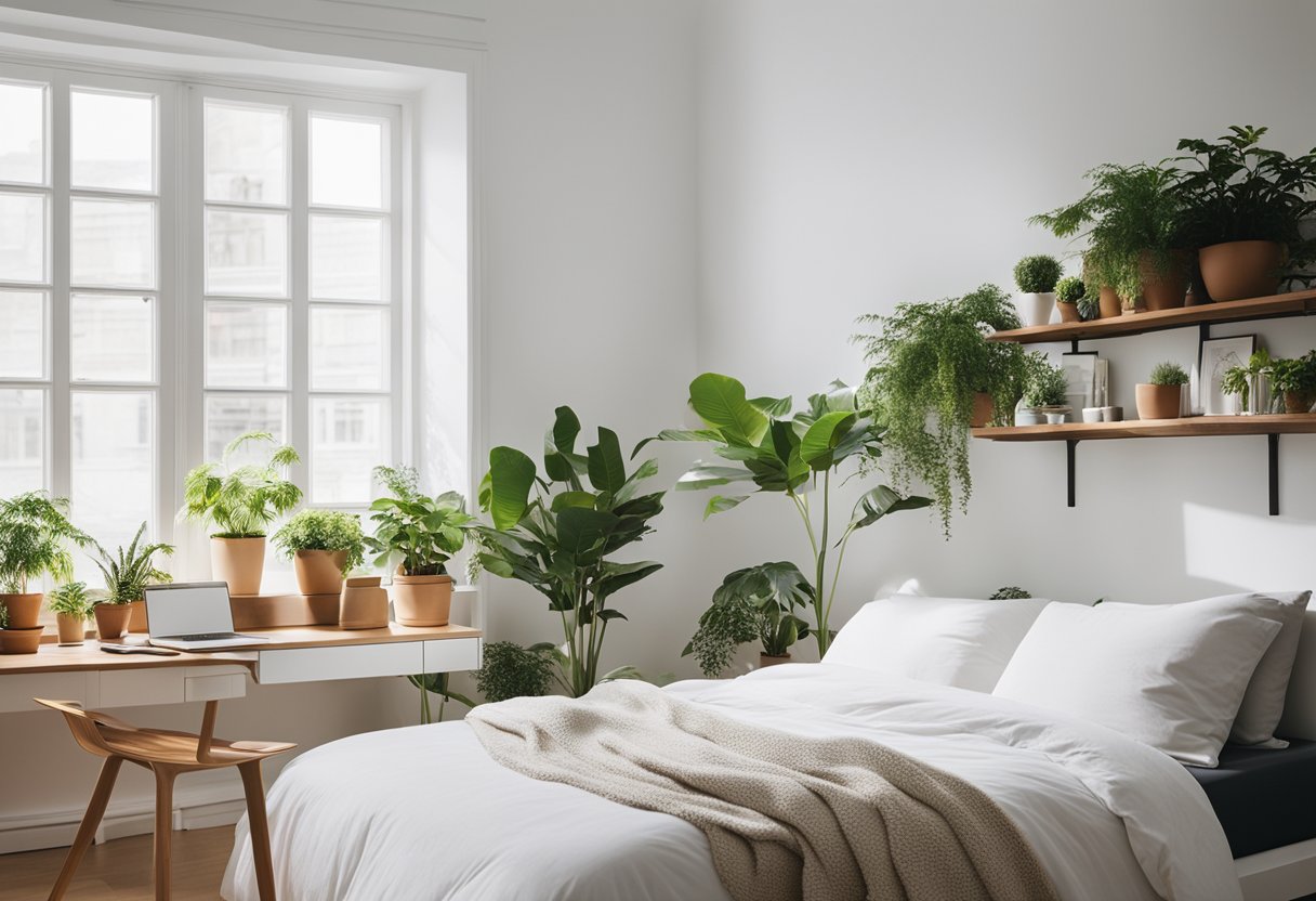 A bright, minimalist white bedroom with clean lines, a cozy bed, and a sleek desk with a modern chair. A large window lets in natural light, and potted plants add a touch of greenery