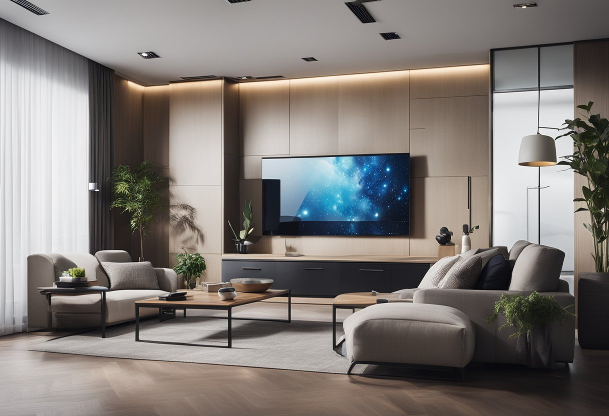 A modern living room with sleek furniture and an LCD panel on the wall