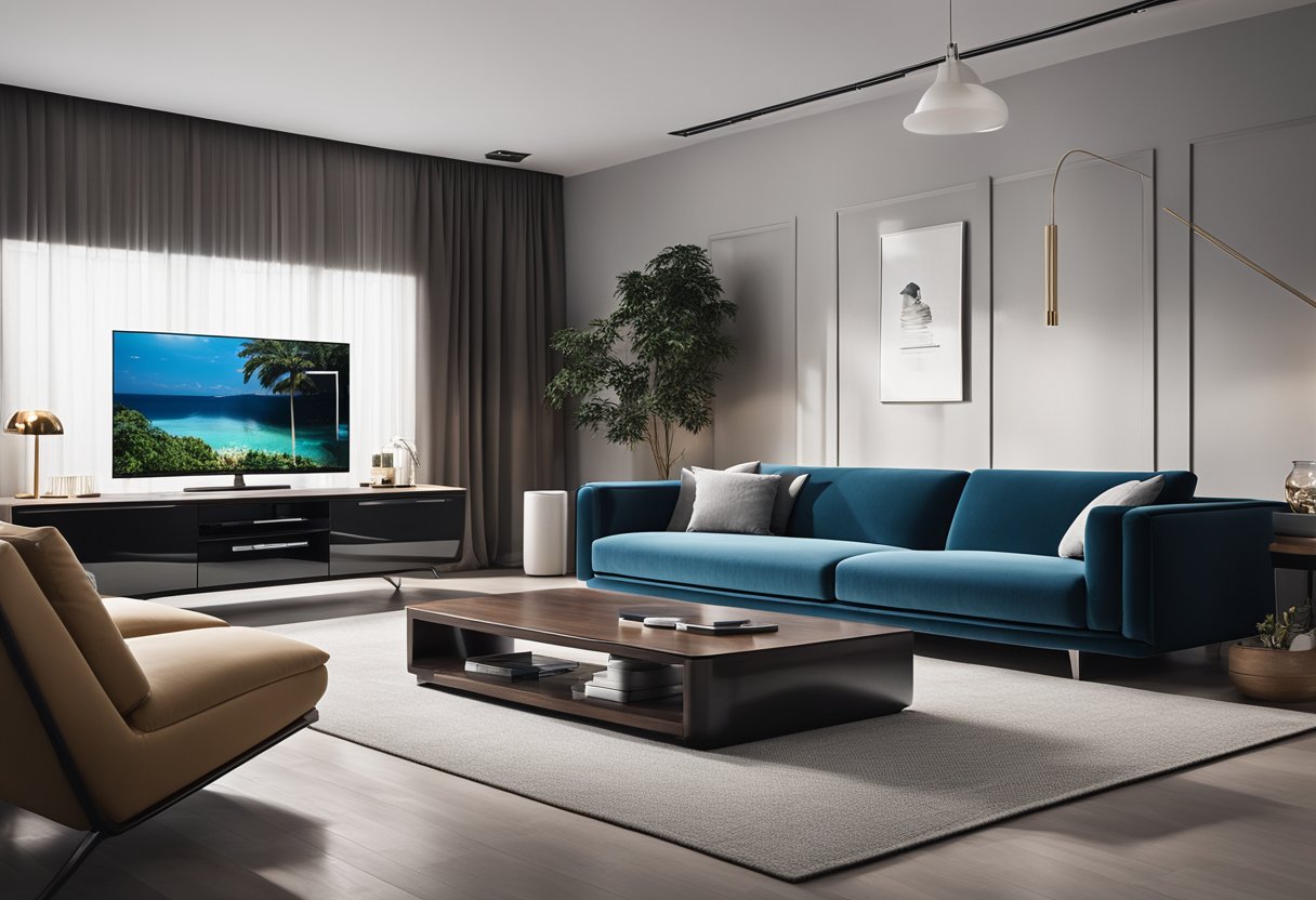 A modern living room with sleek LCD panel designs integrated into the furniture, creating a futuristic and minimalist aesthetic