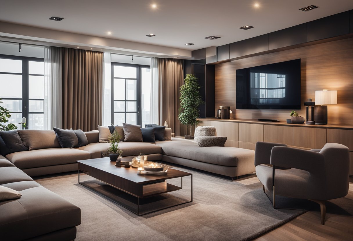 A cozy living room with sleek LCD panel designs, modern furniture, and warm lighting creates the perfect ambience