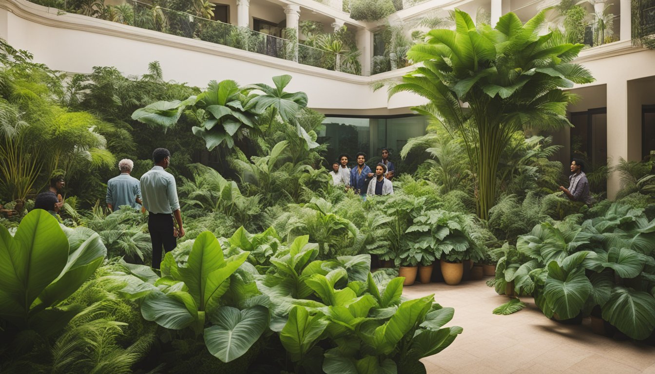 A lush garden with a prominent Musa basjoo plant, surrounded by curious onlookers with questions