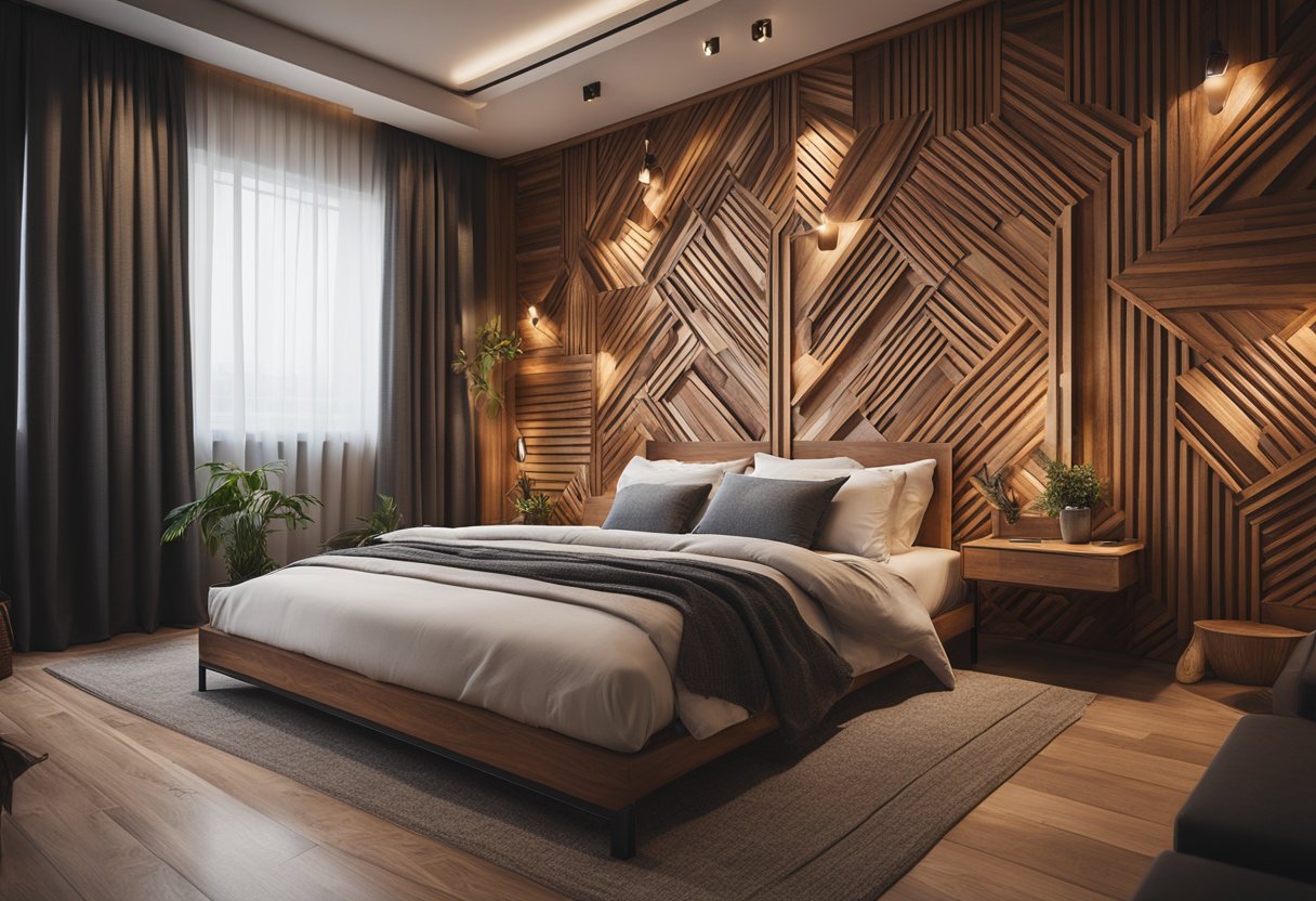 A cozy bedroom with intricate wooden wall designs, creating a warm and rustic atmosphere