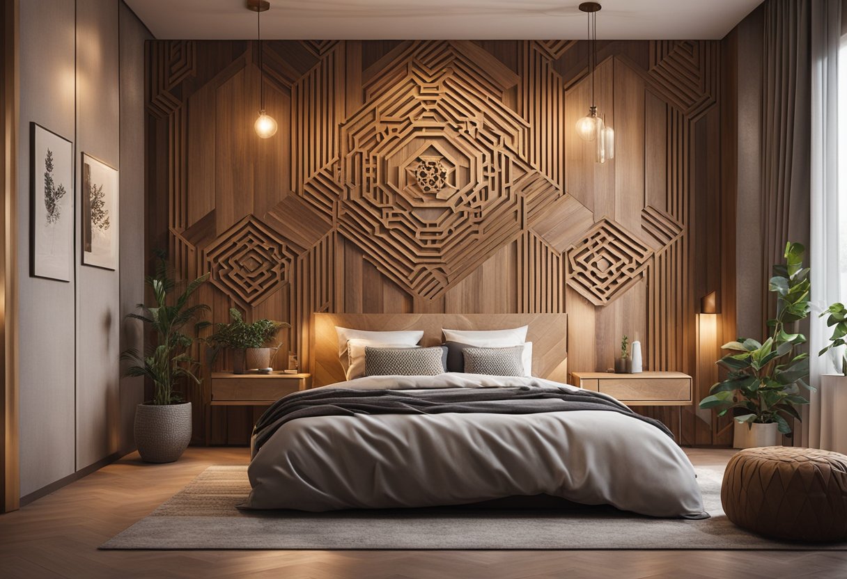 A cozy bedroom with a wooden accent wall, adorned with intricate geometric designs, creating a warm and inviting atmosphere