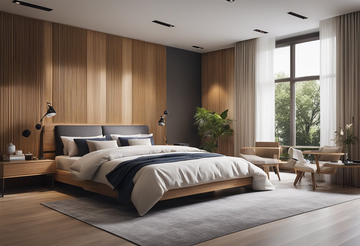 A spacious master bedroom with wooden wall designs and essential wood furniture