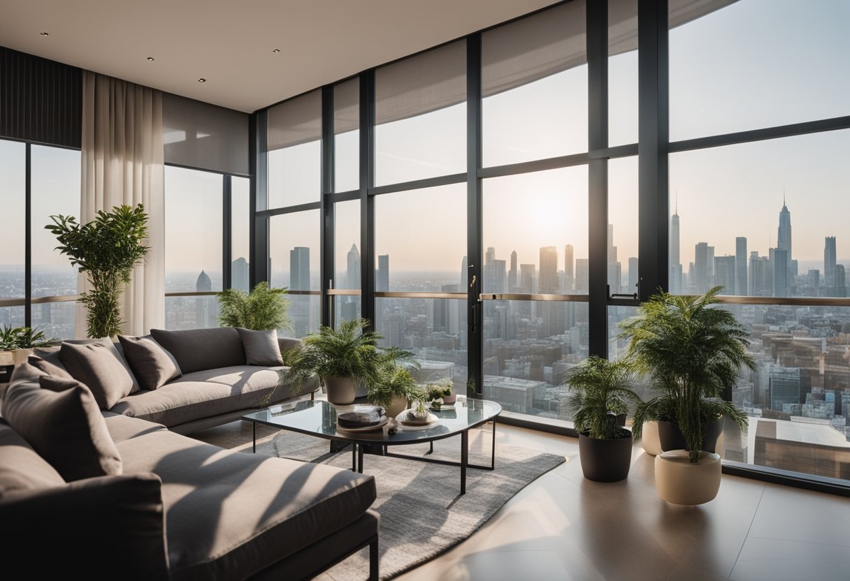 A spacious living room balcony with modern furniture, potted plants, and a panoramic view of the city skyline