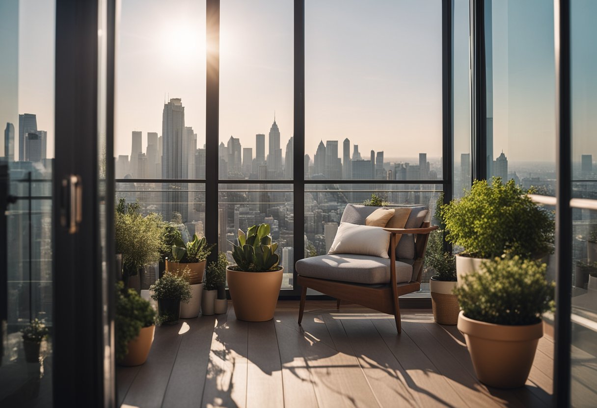 A cozy living room balcony with a comfortable seating area, potted plants, and decorative lighting, overlooking a city skyline