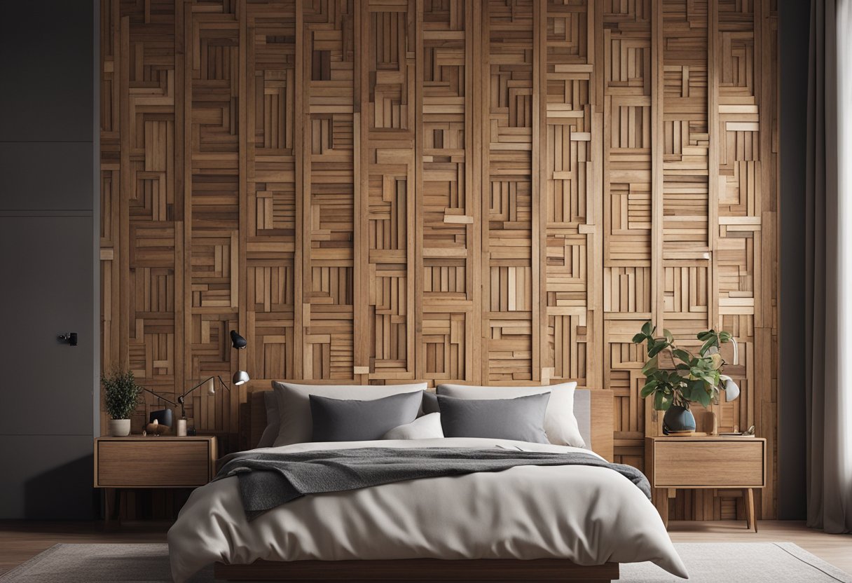 A bedroom with a wooden wall featuring various FAQ designs