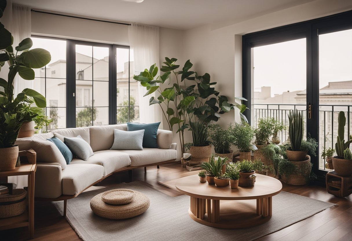 A cozy living room balcony with potted plants, comfortable seating, and a small table for drinks and books. The space is filled with personal touches and functional details, creating a welcoming and relaxing atmosphere