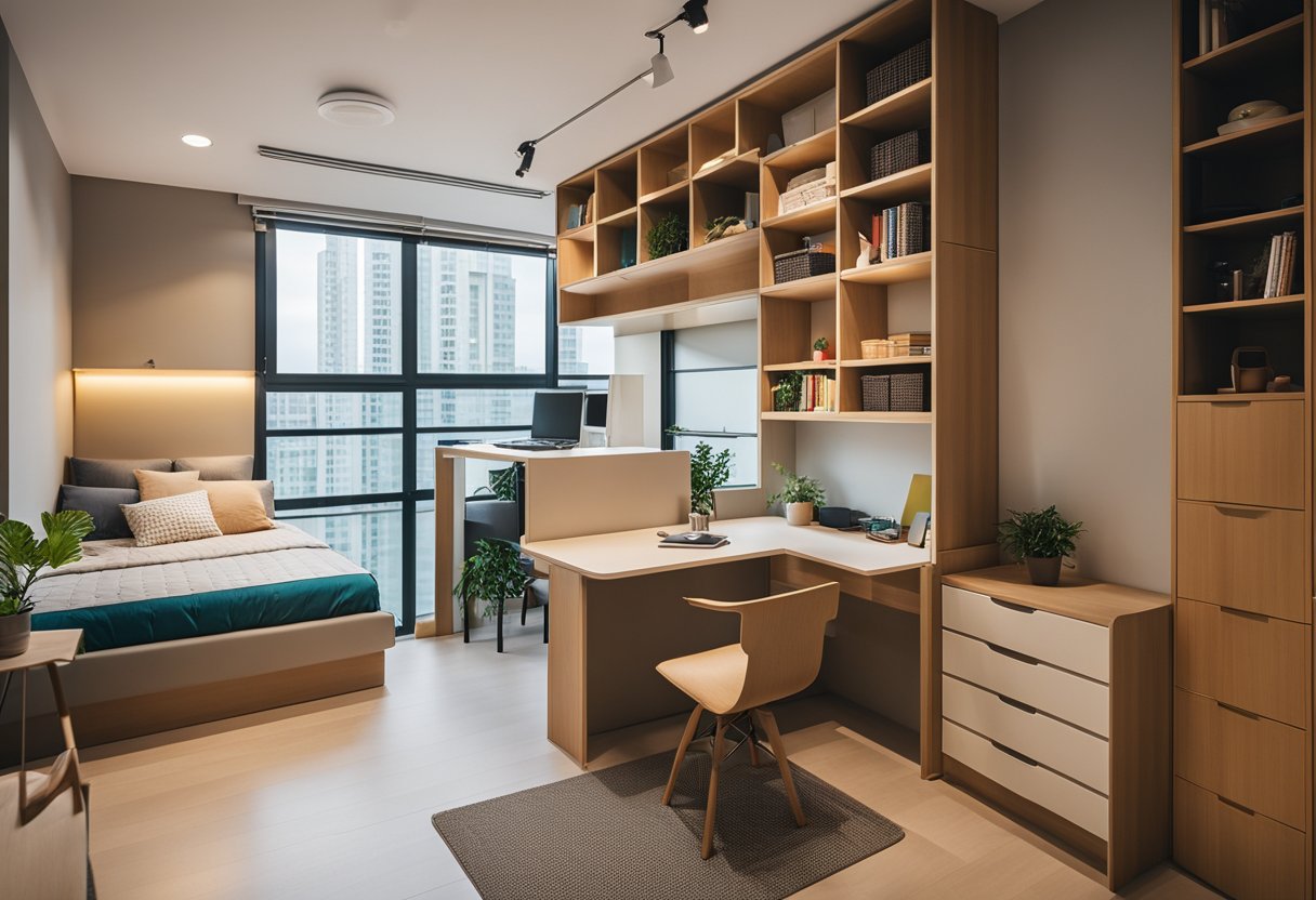 A small HDB bedroom with a loft bed, built-in storage, and a fold-down desk to maximize space. Bright colors and natural light create a cozy, functional space