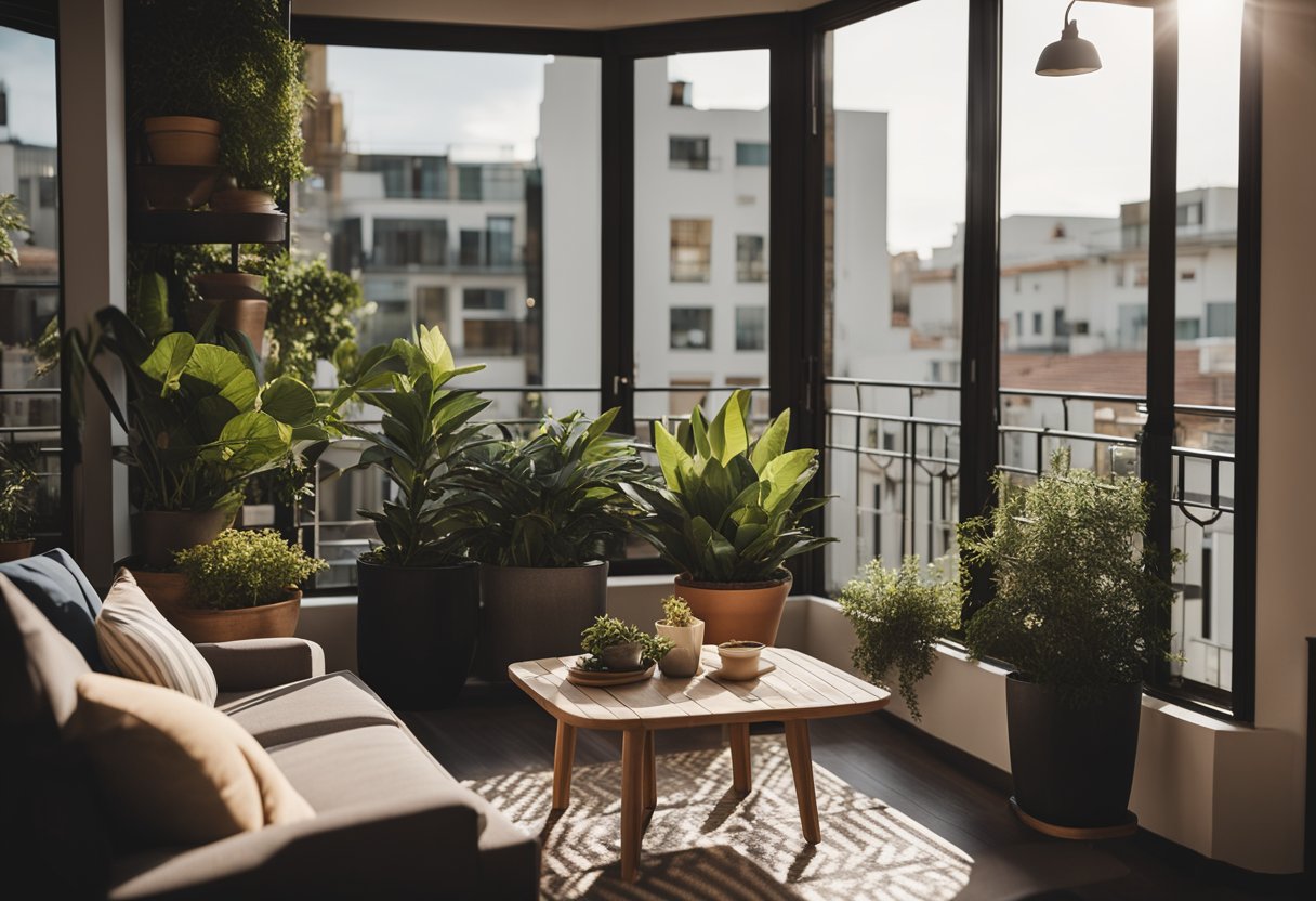 A cozy living room balcony with potted plants, comfortable seating, and a small table for relaxing and enjoying the view