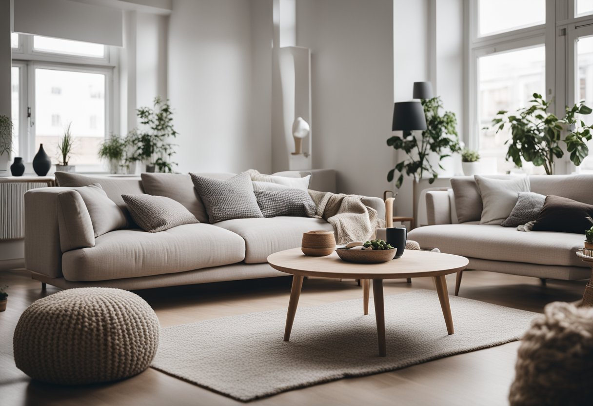 A cozy scandinavian living room with minimal furniture, neutral tones, natural light, and cozy textiles