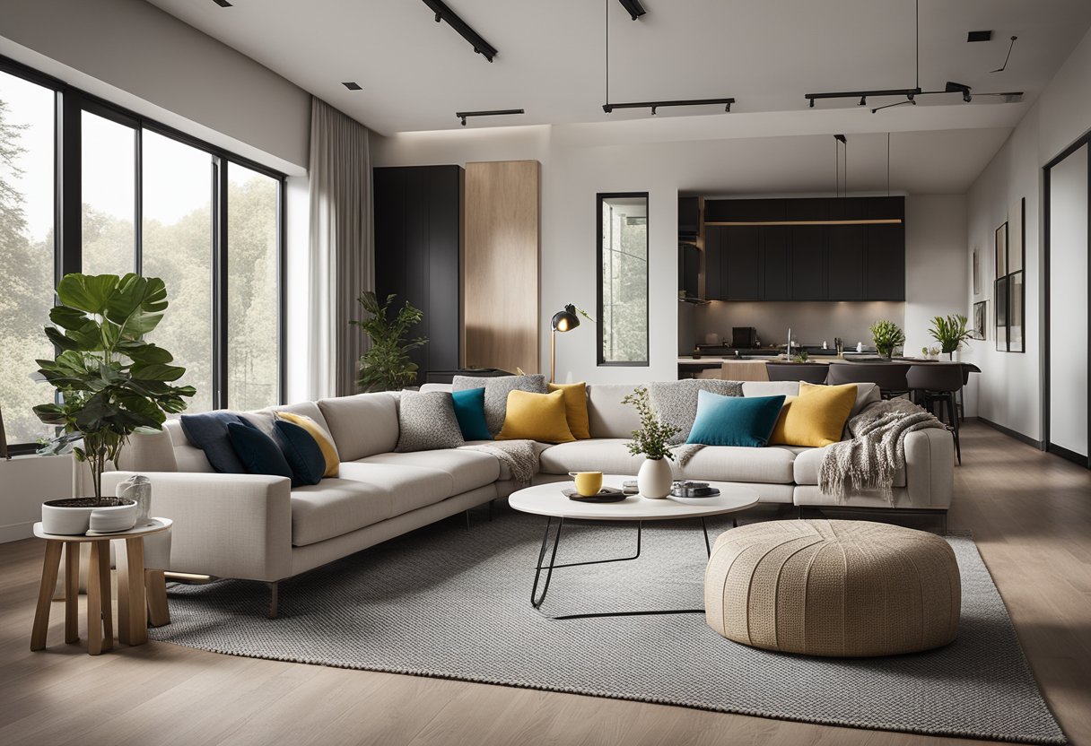 A modern living room with neutral tones, sleek furniture, and pops of color in the decor. Large windows let in natural light, and a cozy area rug anchors the space
