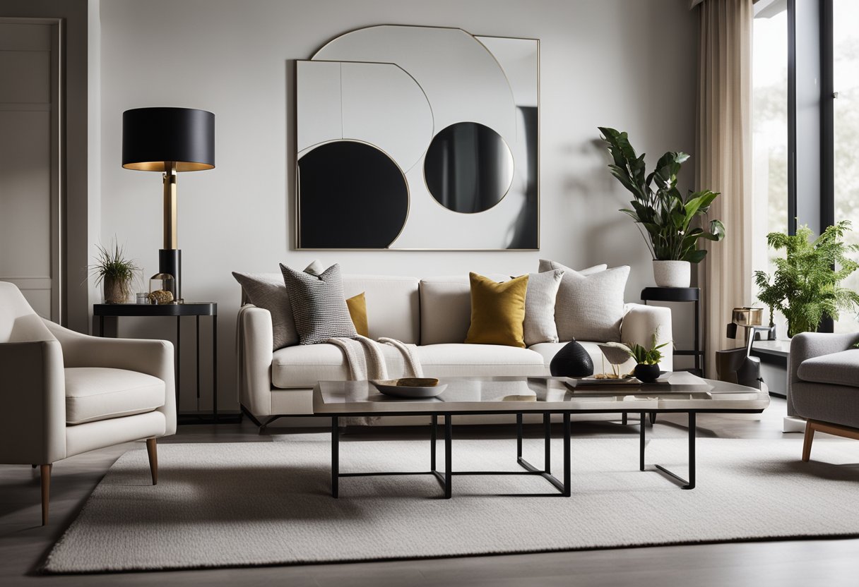 A modern living room with sleek furniture, neutral color palette, and pops of bold accents. Clean lines and minimalistic decor create a sophisticated and inviting space