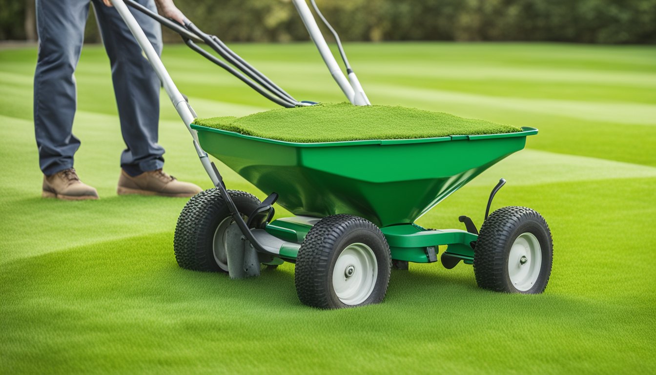 A person spreading a layer of top dressing material evenly across a green lawn using a spreader tool