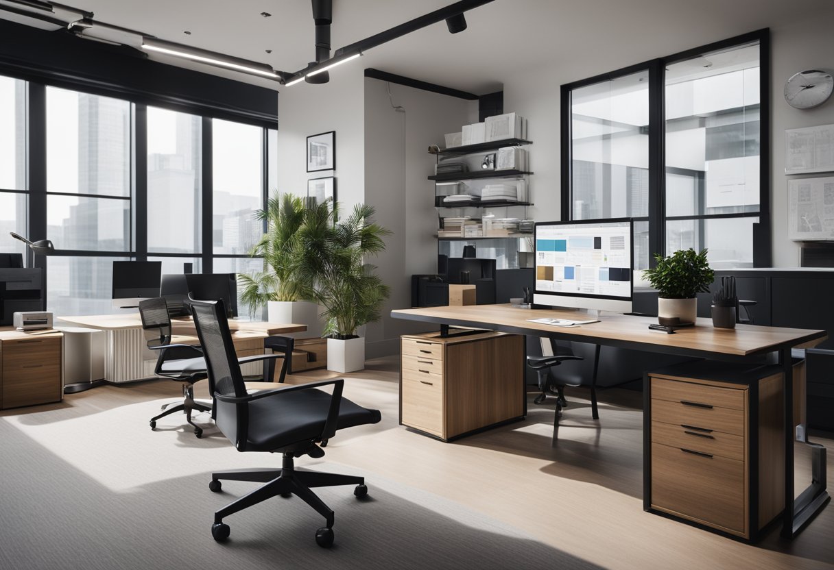 A modern office space with sleek furniture and minimalist decor, featuring a large desk with a computer, stylish lighting fixtures, and a wall adorned with architectural drawings and color swatches