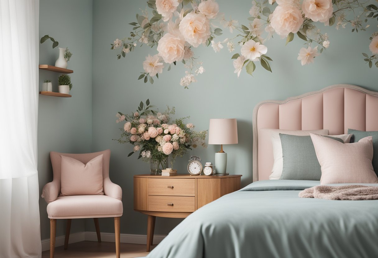 A serene bedroom with a floral wallpaper design in soft pastel colors, casting a warm and inviting atmosphere