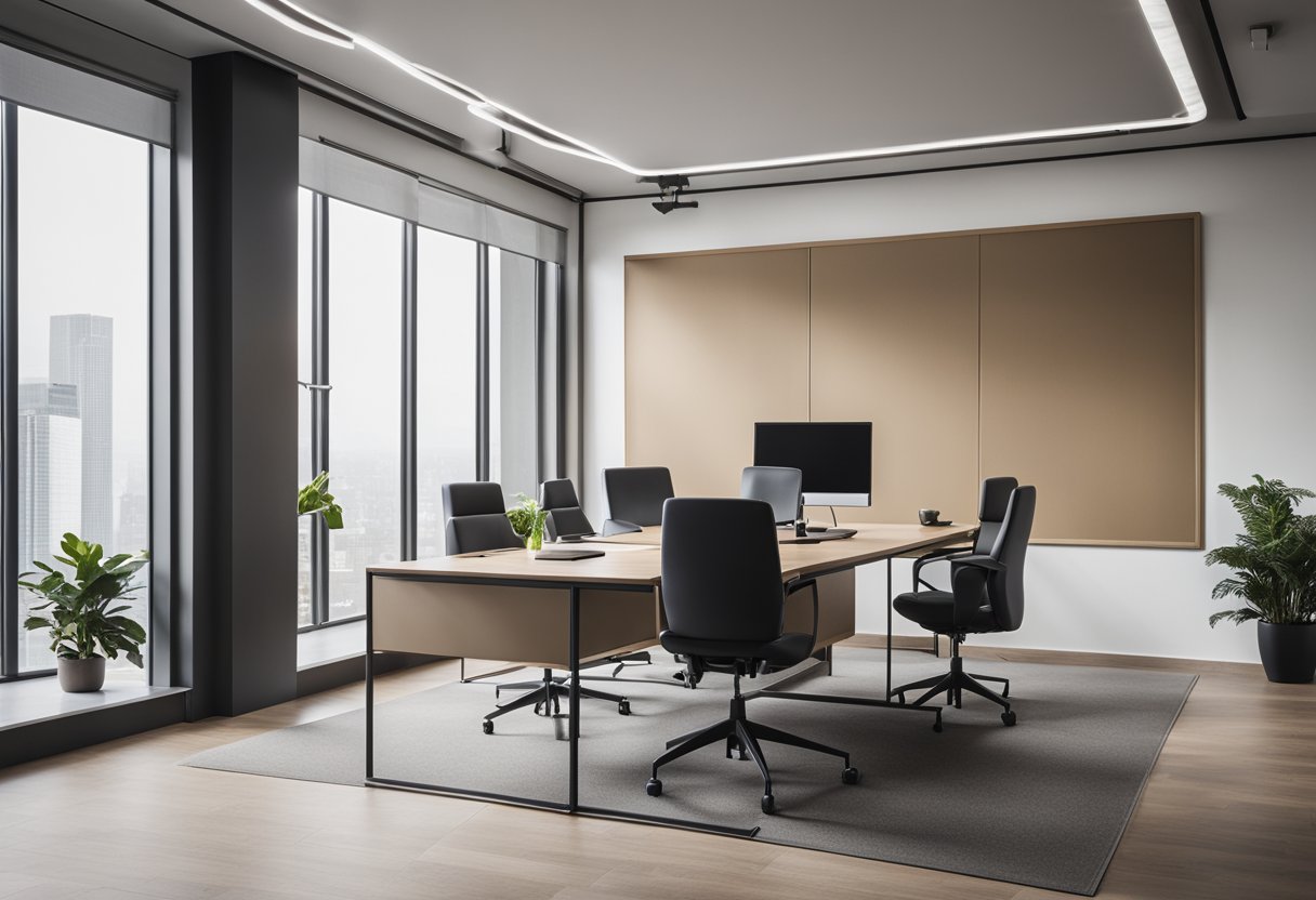 A modern, minimalist office space with sleek furniture and a neutral color palette. A large bulletin board displays frequently asked questions about interior design