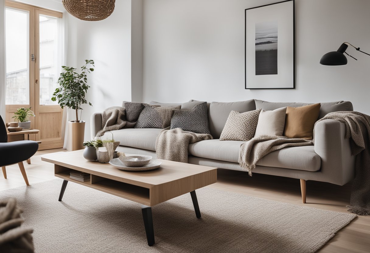 A cozy Scandinavian living room with minimalistic furniture, natural light, neutral colors, and warm textiles