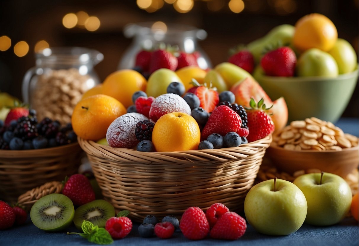 A colorful display of various sweet treats arranged in a bountiful spread, with fruits, candies, and desserts overflowing from baskets and spilling onto a table