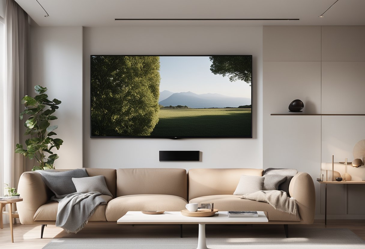 A cozy living room with a small, modern sofa, a sleek coffee table, and a wall-mounted TV. The room is bright with natural light from a large window and features minimalist decor and a neutral color palette