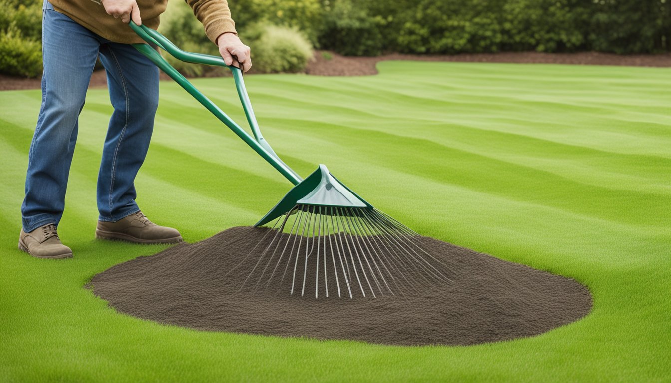 A person spreading top dressing material evenly over a lawn with a rake