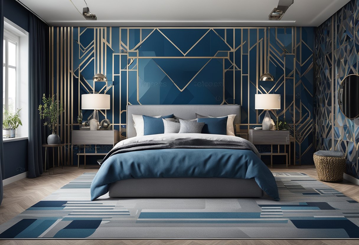 A modern bedroom with a bold, geometric wallpaper in shades of blue and grey, accented with metallic details and organic motifs