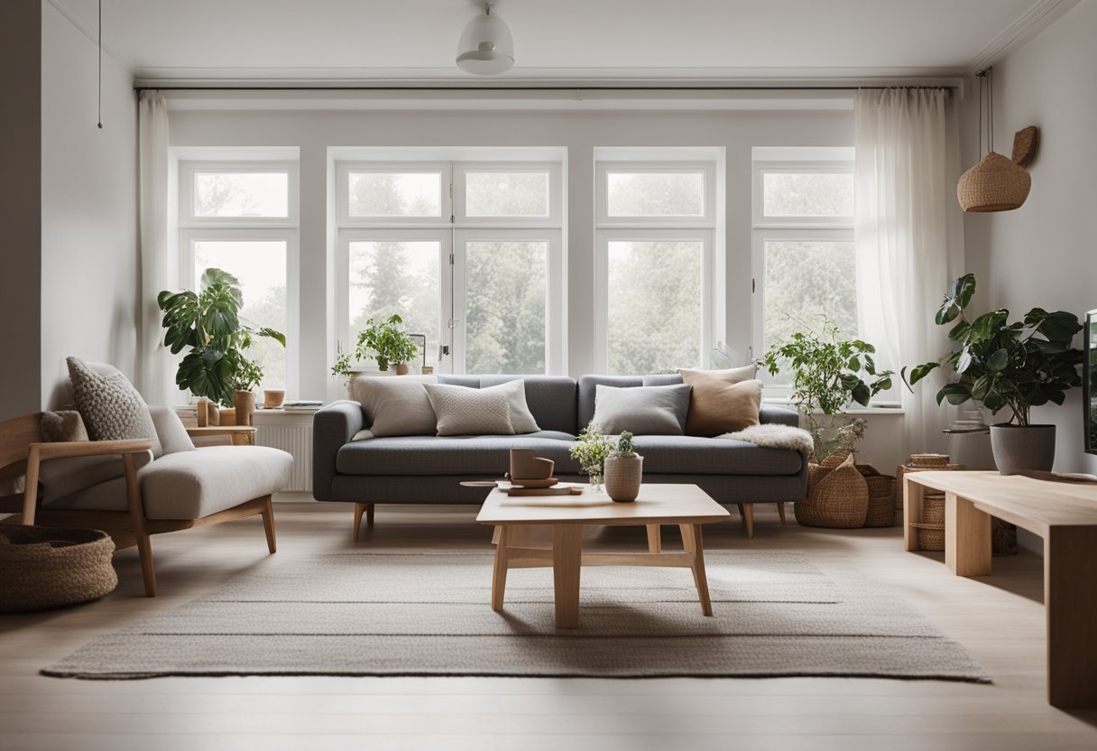 A cozy Scandinavian living room with minimalist furniture, neutral colors, natural materials, and plenty of natural light streaming in through large windows