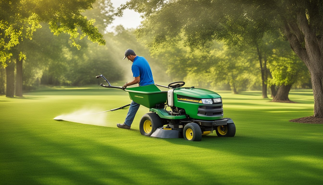 A person applying top dressing to a lawn with a spreader, surrounded by grass and trees