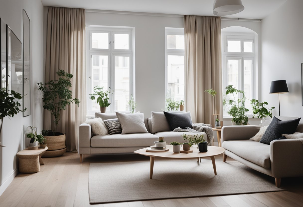 A cozy Scandinavian living room with clean lines, natural light, neutral colors, and minimalistic furniture arrangement