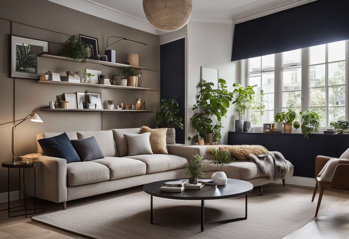 A small living room with clever furniture arrangement to maximize space. A cozy sofa against the wall, a compact coffee table, and floating shelves for storage. A large mirror on one wall to create the illusion of a bigger space