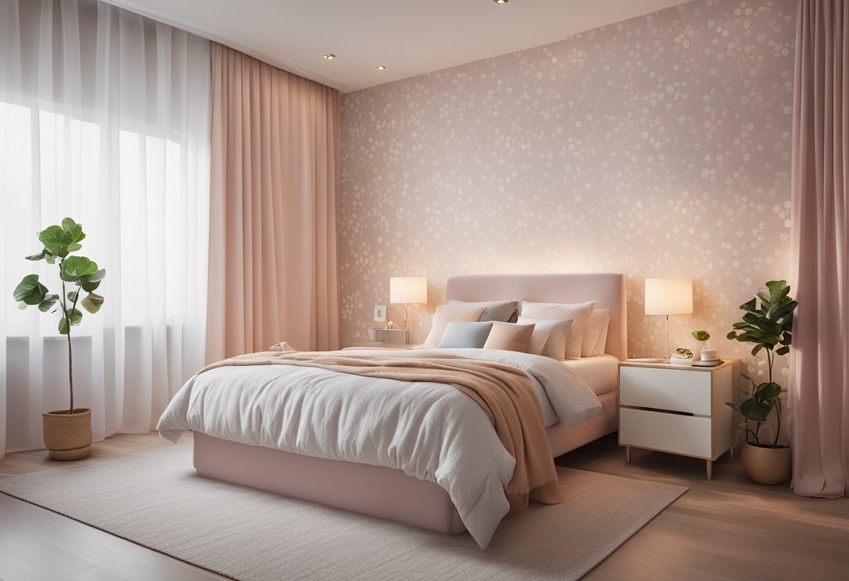 A cozy bedroom with a modern wallpaper design featuring a pattern of frequently asked questions in soft, pastel colors