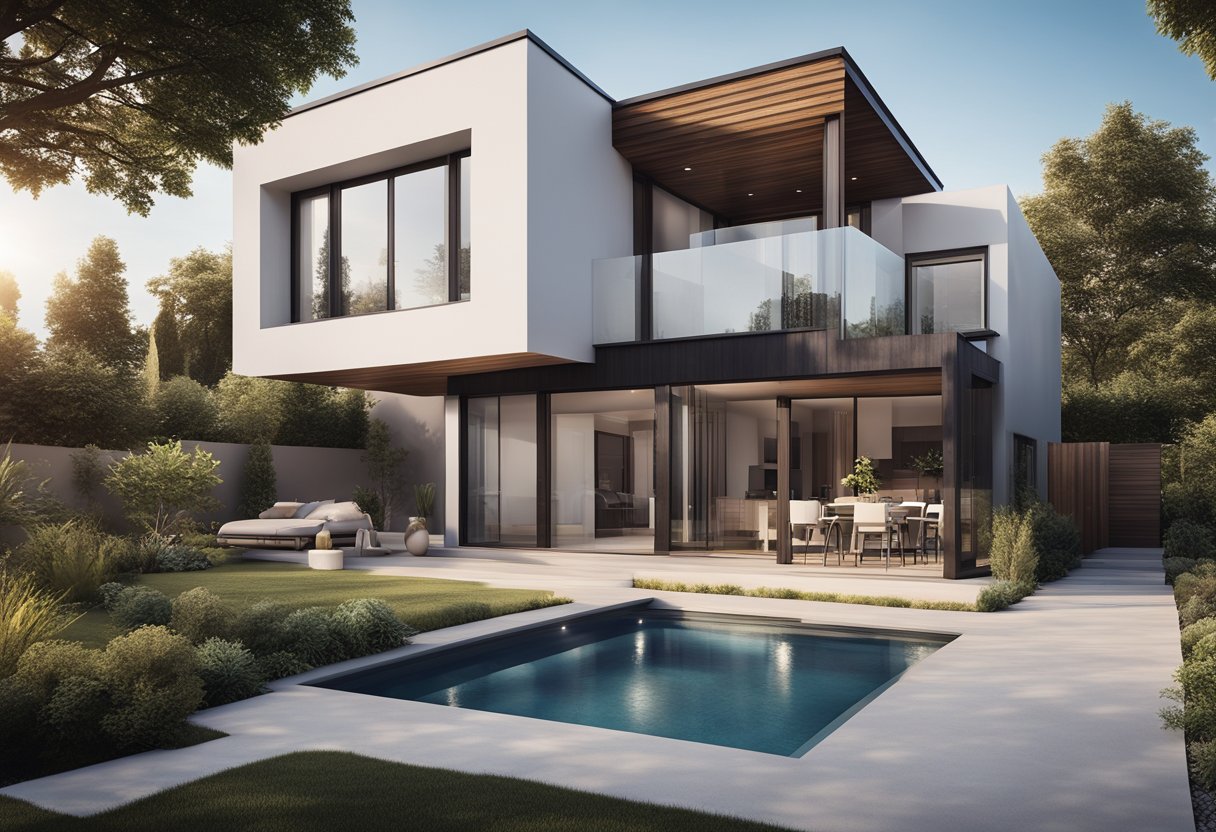 A modern 2-bedroom house with sleek lines, large windows, and a spacious open floor plan. The exterior features clean, minimalist landscaping and a stylish entrance