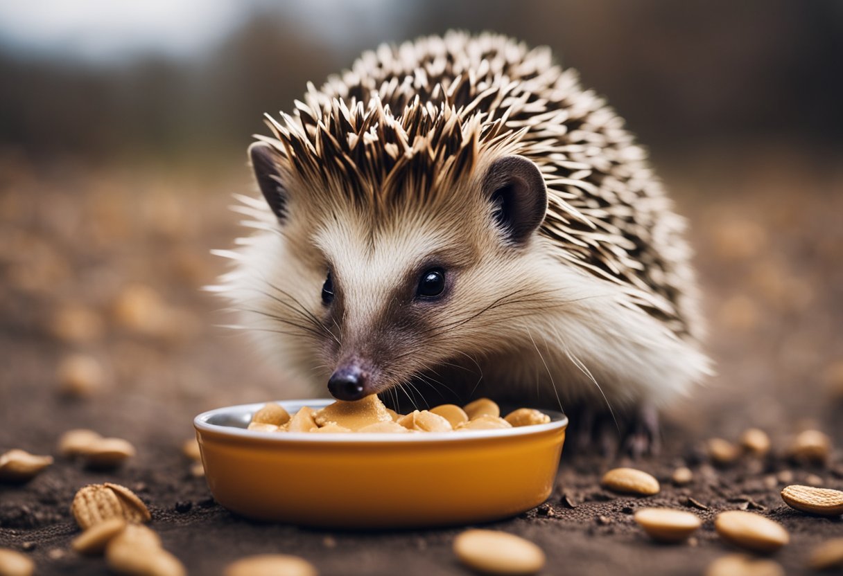A hedgehog eagerly eats peanut butter from a small dish on the ground