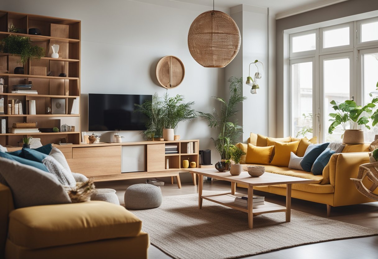A cozy living room with clever storage solutions and multifunctional furniture for small spaces. Bright colors and natural light create a welcoming atmosphere